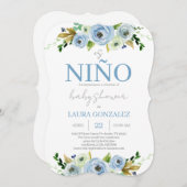 Blue Floral Spanish Baby Shower Boy Einladung (Vorne/Hinten)