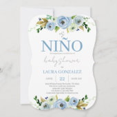 Blue Floral Spanish Baby Shower Boy Einladung (Vorderseite)