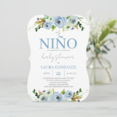 Blue Floral Spanish Baby Shower Boy Einladung (Stehend Vorderseite)