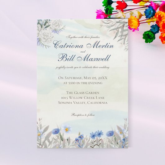 Blue Floral Spring Garden Wedding Invitation Einladung