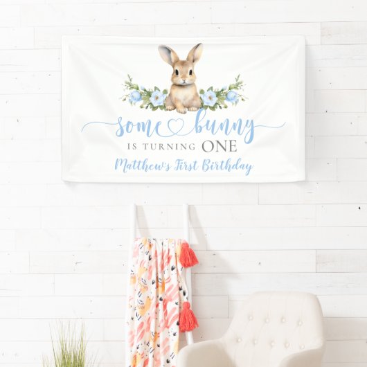 Blue Floral Spring Rabbit Some Bunny 1st Birthday Banner (Insitu)