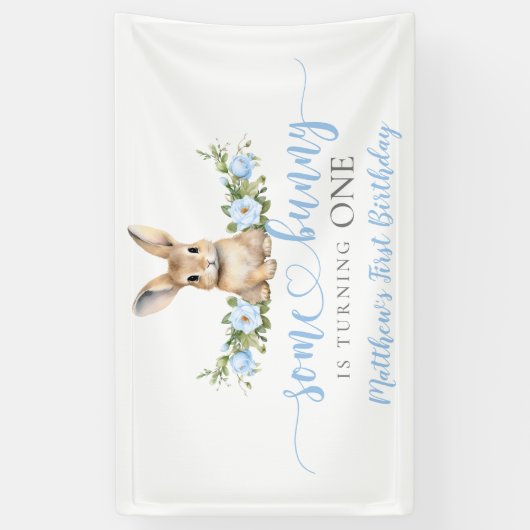 Blue Floral Spring Rabbit Some Bunny 1st Birthday Banner (Vertikal)