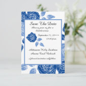 Blue Floral Stilvolle Rose Chic Simple Wedding Save The Date (Stehend Vorderseite)