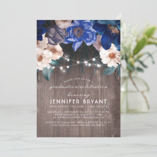 Blue Floral String Lights Rustic Graduation Party Einladung (Stehend Vorderseite)