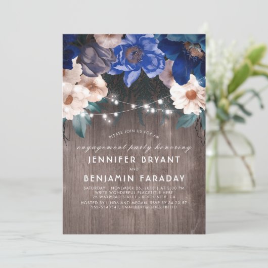 Blue Floral String Lights Rustikale Engagement Par Einladung (Stehend Vorderseite)