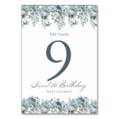 Blue Floral Sweet 16 Geburtstag Tischnummer (Rückseite)