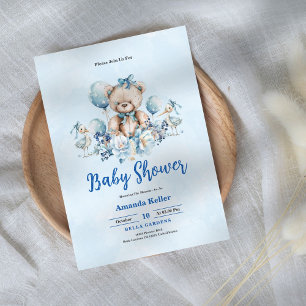 Blue Floral Teddy Bear Baby Dusche Einladung