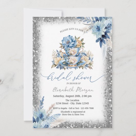 Blue Floral Tee Becher Glitzer Frame Baby Dusche Einladung (Vorderseite)
