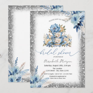 Blue Floral Tee Becher Glitzer Frame Baby Dusche Einladung