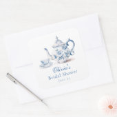 Blue Floral Tee Party Brautparty Quadratischer Aufkleber (Umschlag)