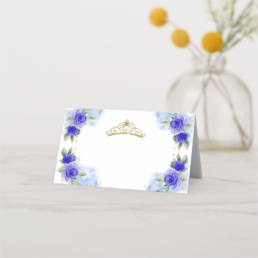 Blue Floral Tiara Quinceanera Platzkarte (Vorderseite)
