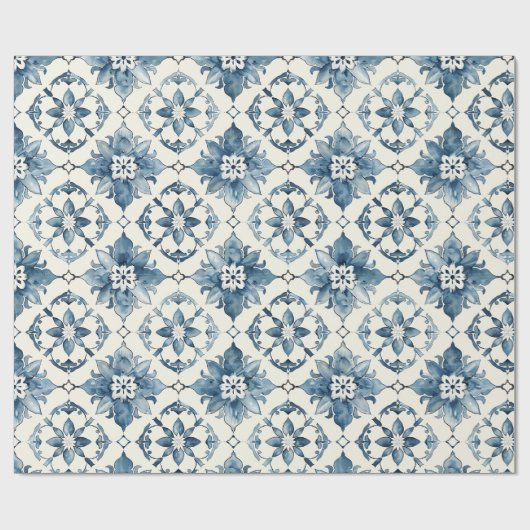 Blue Floral Tile Pattern Gift Wrap Geschenkpapier (Flach)