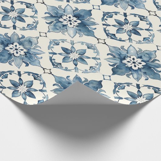 Blue Floral Tile Pattern Gift Wrap Geschenkpapier (Ecke)