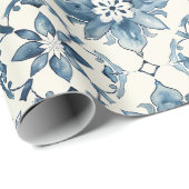 Blue Floral Tile Pattern Gift Wrap Geschenkpapier (Rolleneckpunkt)