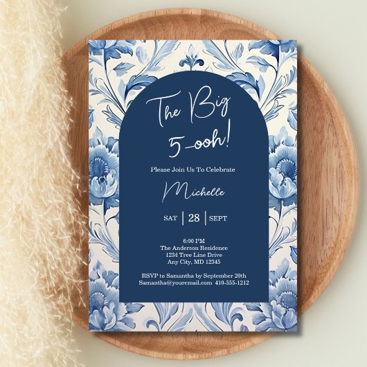 Blue Floral Toile 50. Geburtstag Chinoiserie Einladung