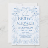 Blue Floral Toile Bow Bridal Dusche Einladung (Vorderseite)