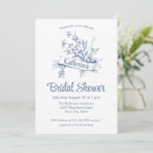 Blue Floral Toile Bridal Shower Einladung (Stehend Vorderseite)