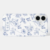 Blue Floral Toile Butterfly Monogram iPhone Case (Rückseite (Horizontal))