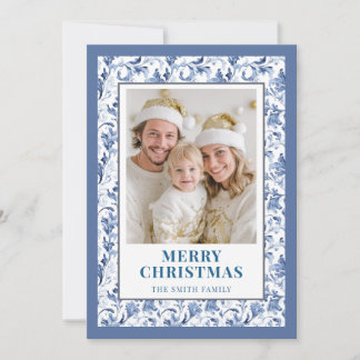 Blue Floral Toile Christmas Photo Holiday Card Feiertagskarte