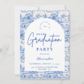 Blue Floral Toile Graduation Party Einladung (Vorderseite)