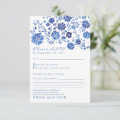 Blue Floral Toile style Wedding RSVP response Card (Stehend Vorderseite)