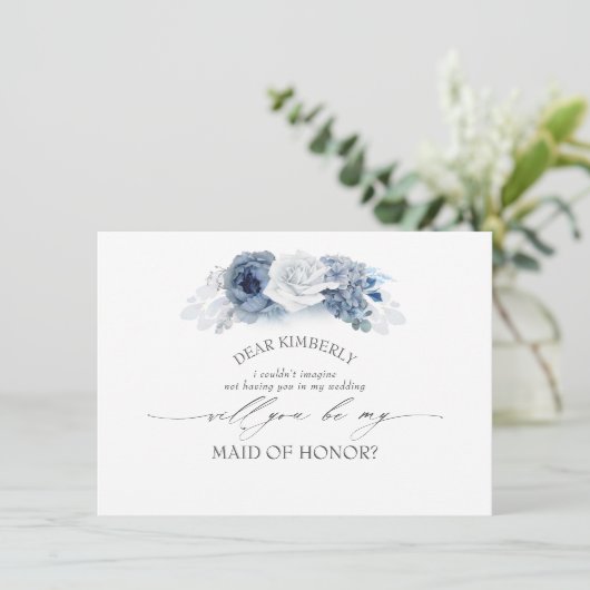 Blue Floral Trauzeugin / Bridesmaid Vorschlag Einladung (Stehend Vorderseite)