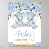 Blue Floral Twin Boys Elephant Baby Dusche Willkom Poster (Vorne)