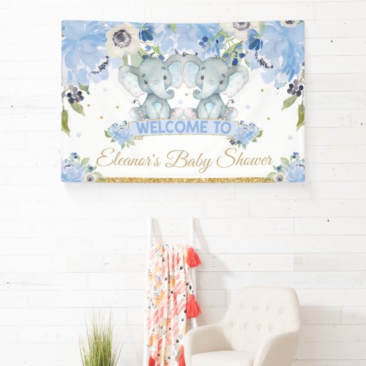 Blue Floral Twins Elephant Boys BegrüßungsHintergr Banner (InSitu)