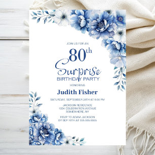 Blue Floral Überraschung 80. Geburtstagsparty Einladung