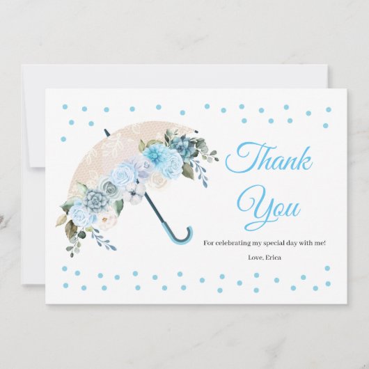 Blue Floral Umbrella Baby Dusche Danke Karte (Vorderseite)