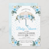 Blue Floral Umbrella Baby Dusche Einladung (Vorne/Hinten)