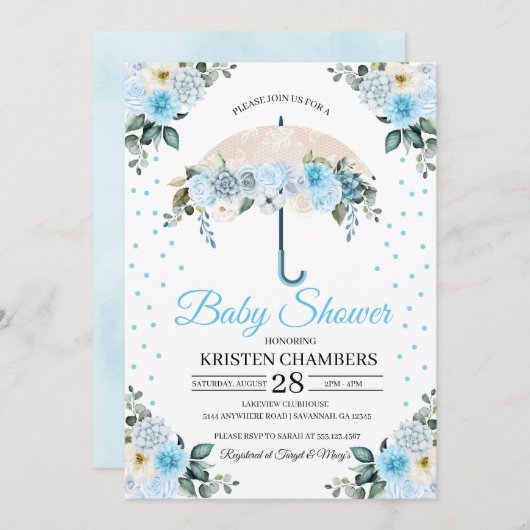 Blue Floral Umbrella Baby Dusche Einladung (Vorne/Hinten)