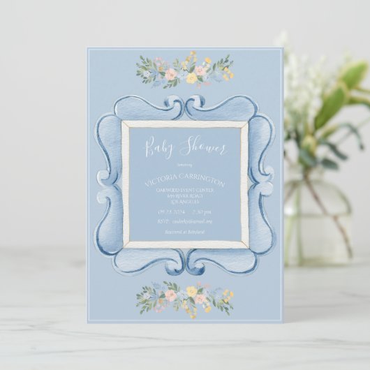Blue Floral Vintage Baby Shower Einladung (Stehend Vorderseite)