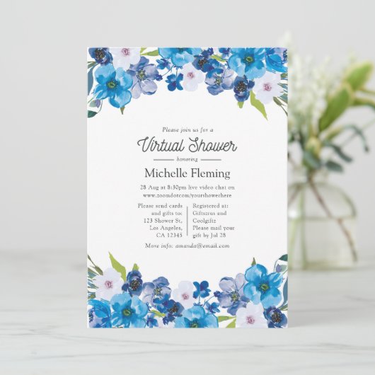 Blue Floral Virtual Shower Einladung (Stehend Vorderseite)