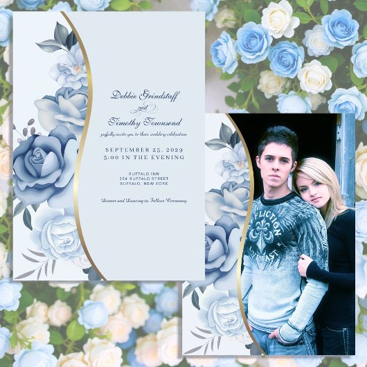 Blue Floral w/Custom Photo Wedding Invitation  Einladung