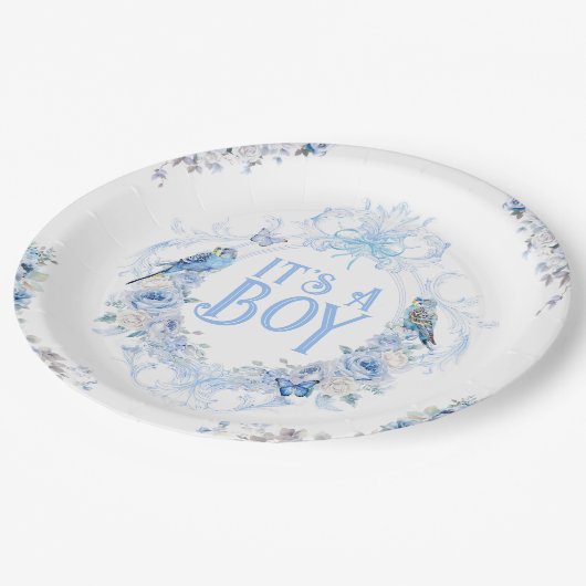 Blue Floral Wappen Bow Es ist eine Baby-Dusche Pappteller (Schrägansicht)