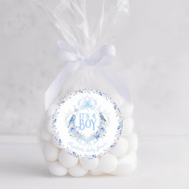 Blue Floral Wappen Bow Es ist eine Baby-Dusche Runder Aufkleber