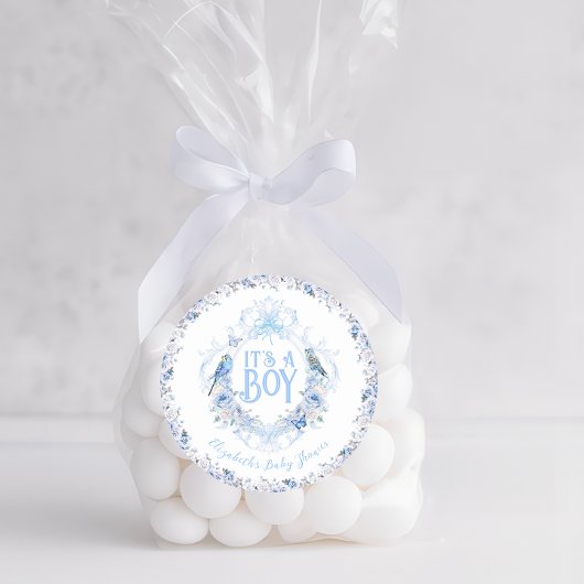 Blue Floral Wappen Bow Es ist eine Baby-Dusche Runder Aufkleber