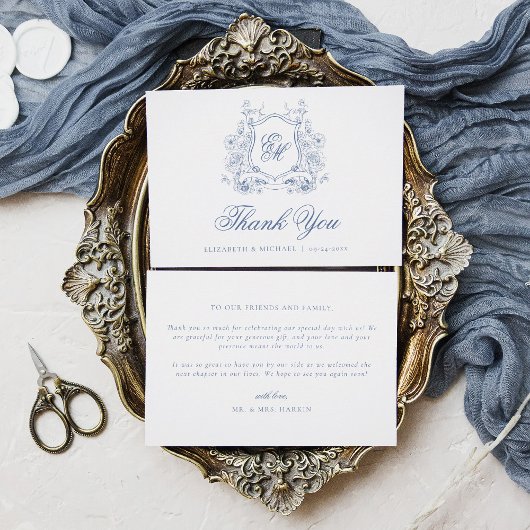 Blue Floral Wappen Monogram Elegant Wedding Dankeskarte