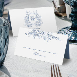 Blue Floral Wappen Monogram Elegant Wedding Platzkarte