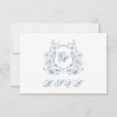 Blue Floral Wappen Monogram Elegant Wedding RSVP Karte (Vorderseite)