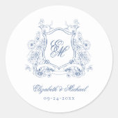 Blue Floral Wappen Monogram Elegant Wedding Runder Aufkleber (Vorderseite)