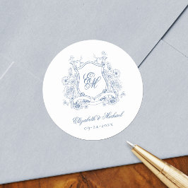 Blue Floral Wappen Monogram Elegant Wedding Runder Aufkleber