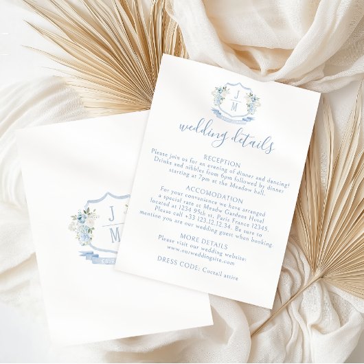 Blue Floral Wappen Monogram Wedding Details Card Begleitkarte