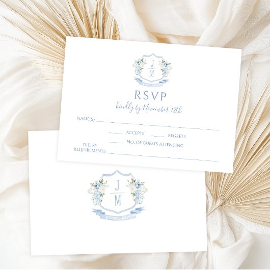 Blue Floral Wappen Monogram Wedding RSVP Cards