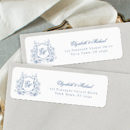 Blue Floral Wappen Monogram Wedding Rücksendeadres