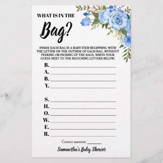Blue Floral Was ist in Bag Baby Shower Game? Flyer (Vorne)