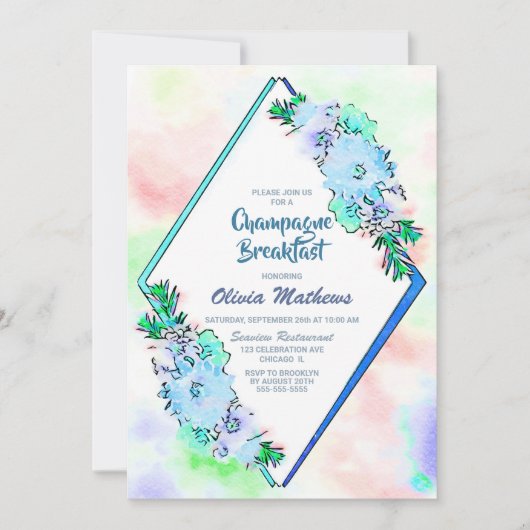 Blue Floral Watercolor Champagne Frühstück Einladung (Vorderseite)