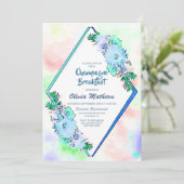 Blue Floral Watercolor Champagne Frühstück Einladung (Stehend Vorderseite)