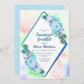 Blue Floral Watercolor Champagne Frühstück Einladung (Vorne/Hinten)